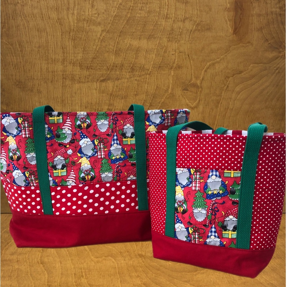 LG Red Whimsy Xmas Gnome Tote Bag Pockets Handmade Cotton Canvas Reusable Gift
